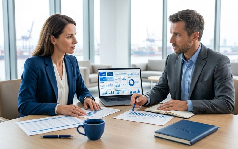 Finanzvorständin und Berater besprechen Finanzberichte und ein Dashboard