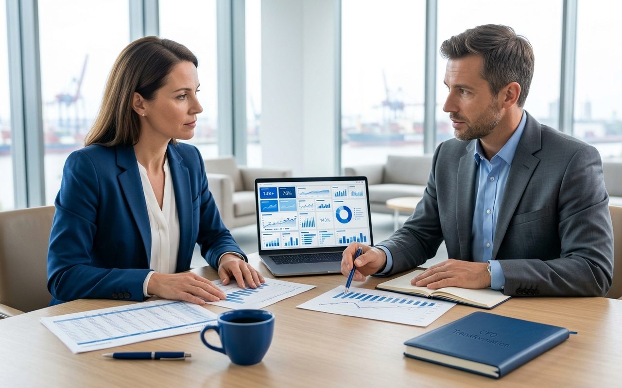 Finanzvorständin und Berater besprechen Finanzberichte und ein Dashboard