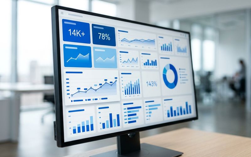 Monitor mit einem Analytics-Dashboard in Blautönen