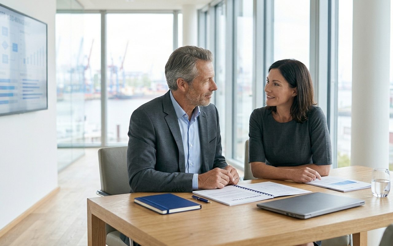 Zwei Personen im Gespräch am Besprechungstisch mit Unterlagen